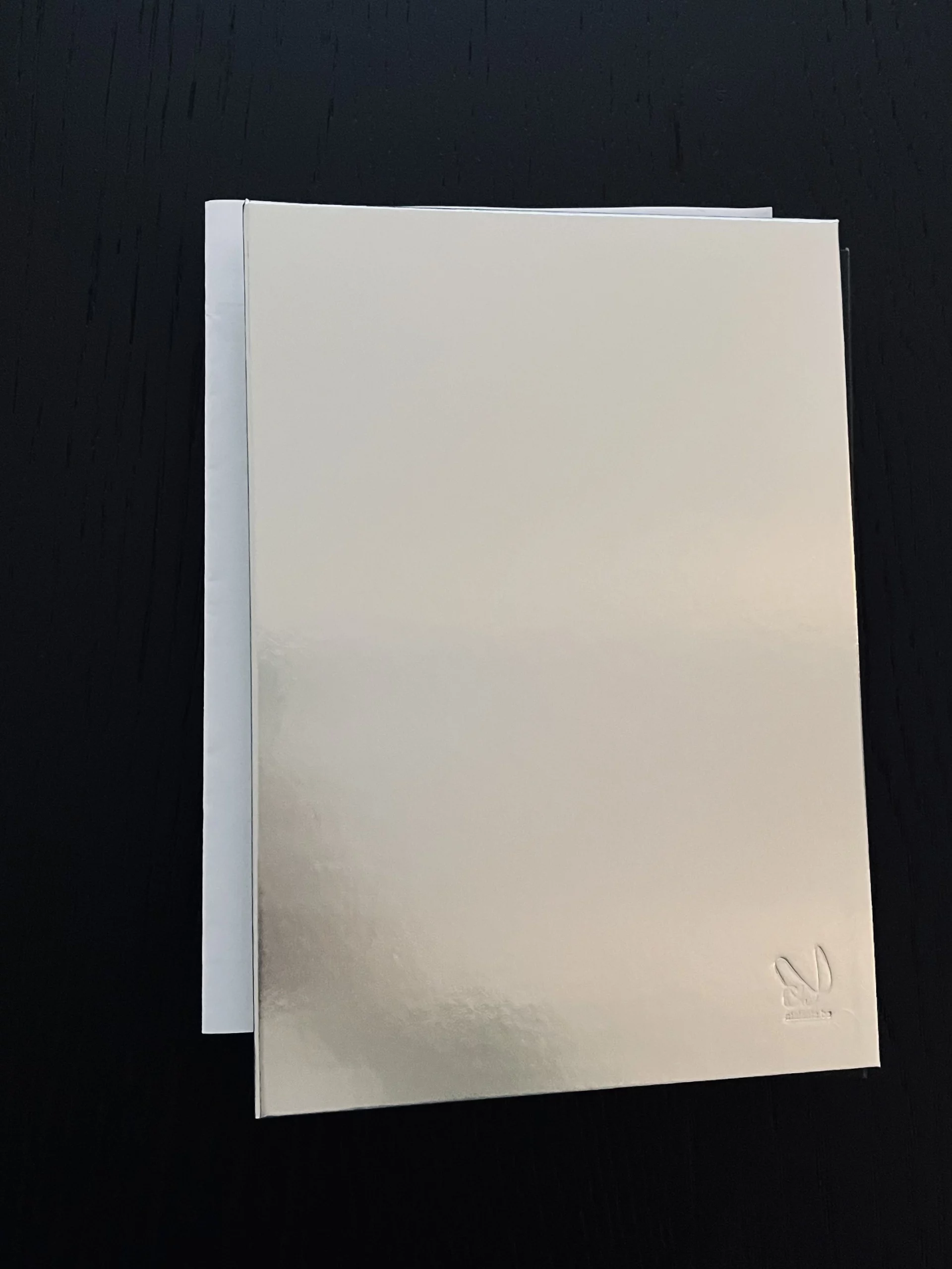 Memo_book with a mirror silver foil hardcover and matching silver-coloured edges.